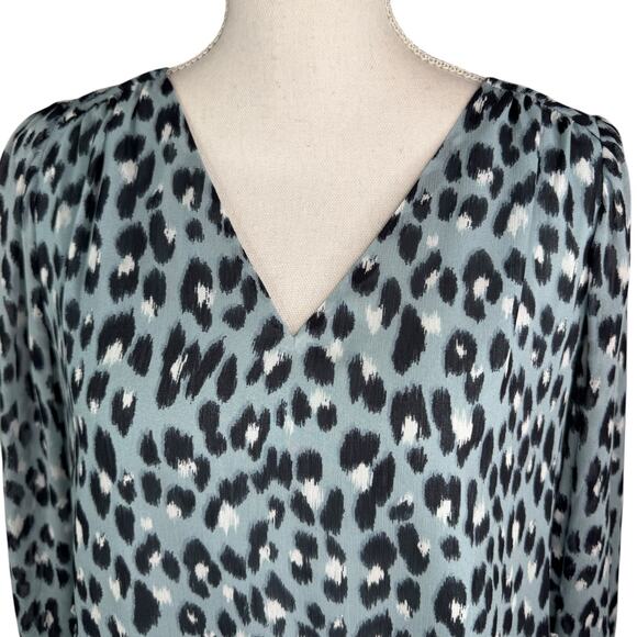 Loft Leopard Print V-Neck Swing Dress Blue Black Animal Print Relaxed Fit L - Picture 3 of 9